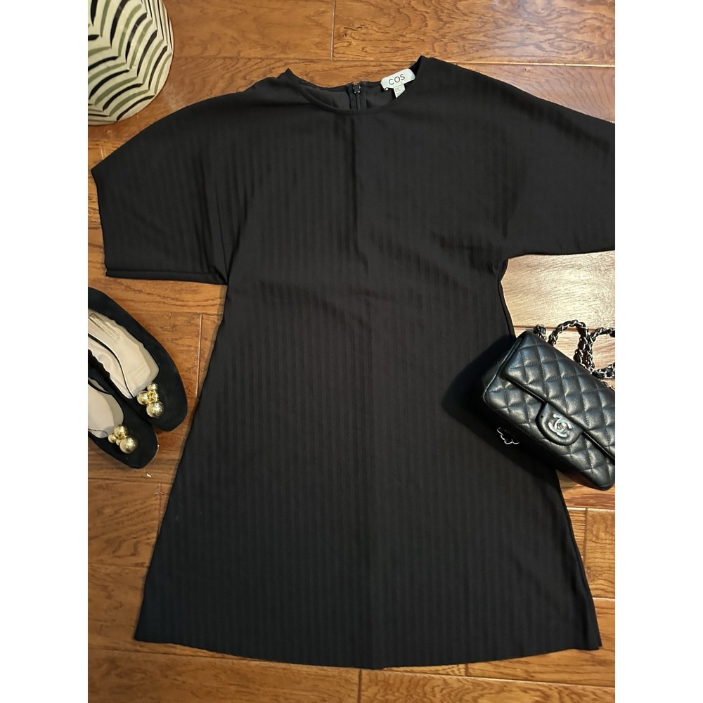 COS Womens XS Black Ribbed Short Sleeve Shift Mini Dress Little Black Dress LBD
